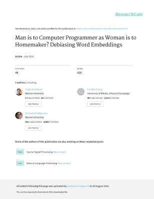 Bolukbasi 等。 - Man is to Computer Programmer as Woman is to Homem