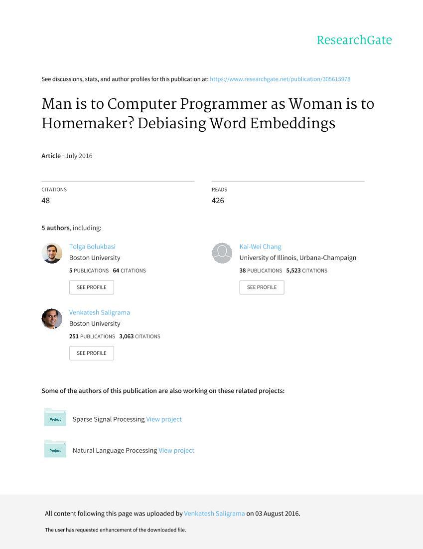 Bolukbasi 等。 - Man is to Computer Programmer as Woman is to Homem-电子书-第1页