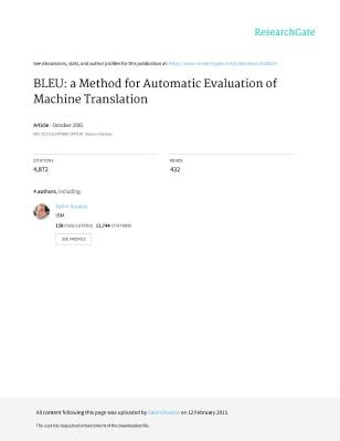 Papineni 等。 - 2001 - BLEU a method for automatic evaluation of machine