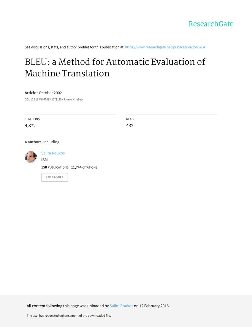 Papineni 等。 - 2001 - BLEU a method for automatic evaluation of machine-电子书-第1页