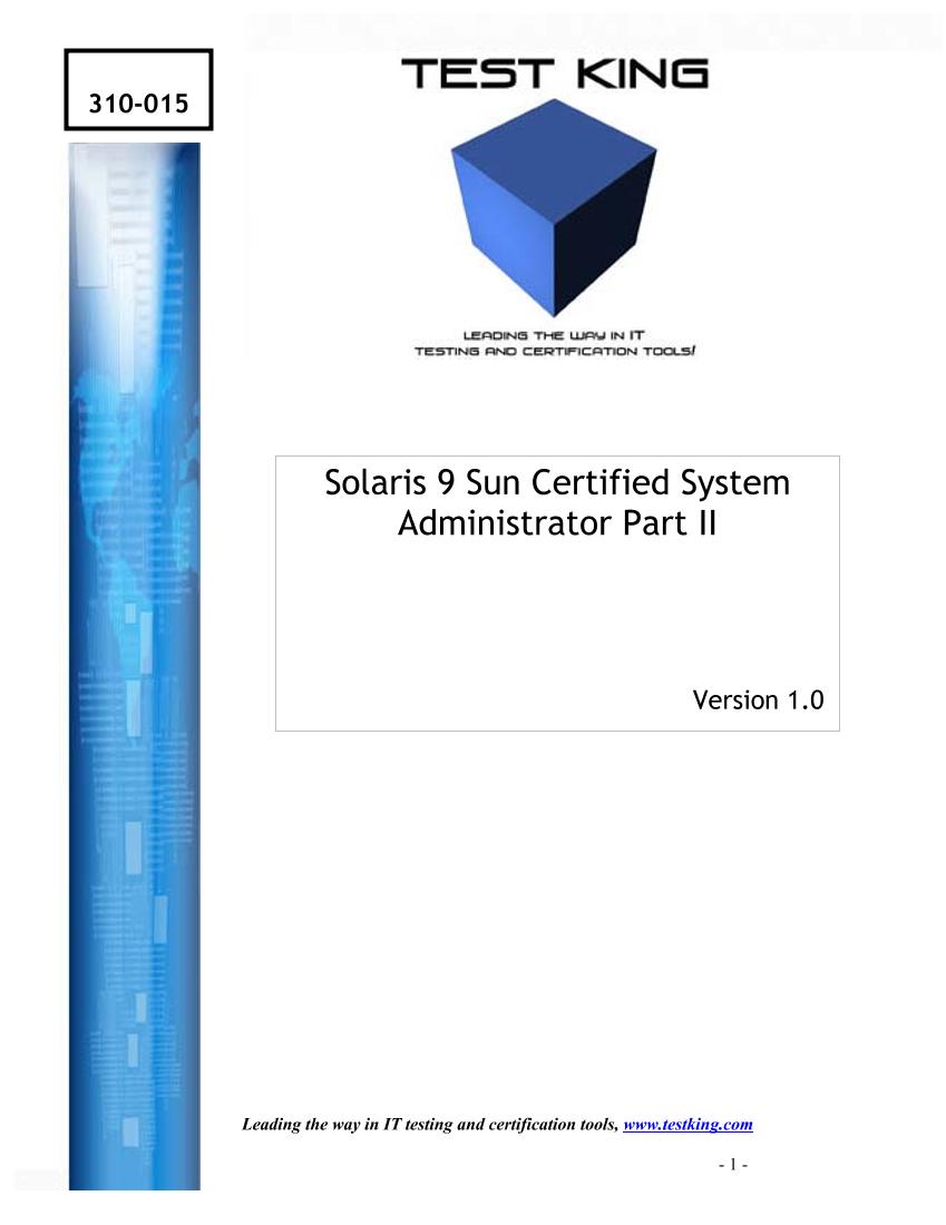 Testking 310-015 - Solaris 9 - Sun Cert. Syst. Adm. part II v1-电子书-第1页