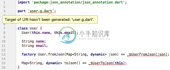 IDE warning when the generated code for a model class does not exist
yet.