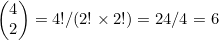 \begin{pmatrix}4\\2\end{pmatrix}=4!/(2!\times2!)=24/4=6