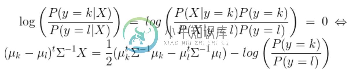 \log\left(\frac{P(y=k|X)}{P(y=l | X)}\right) = 0 \Leftrightarrow (\mu_k-\mu_l)\Sigma{-1} X = \frac{1}{2} (\mu_kt \Sigma{-1} \mu_k - \mu_lt \Sigma^{-1} \mu_l)