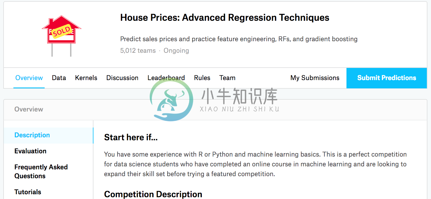 房价预测比赛的网页信息。比赛数据集可通过点击“Data”标签获取