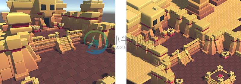 The same scene shown in perspective mode (left) and orthographic mode (right)