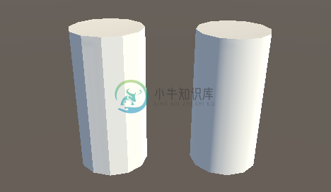 Two 12-sided cylinders, on the left with flat shading, and on the right with smoothed shading