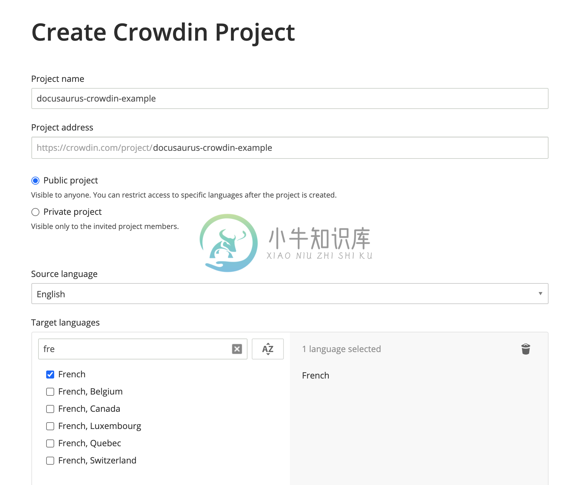 Create a Crowdin project with english as source language, and french as target language