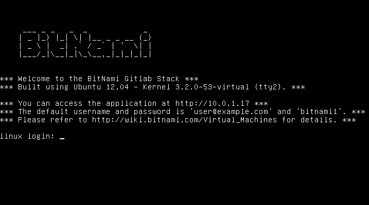 Bitnami GitLab 虚拟机登录界面。