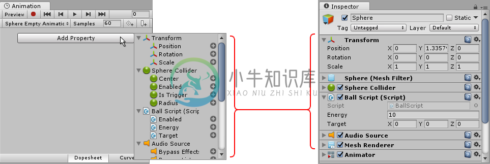 The animatable properties of a GameObject are revealed when you click the Add Property button