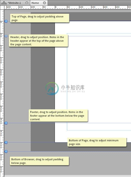 在 Adobe Muse 中，将鼠标悬停在顶部和底部参考线上方以查看说明