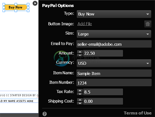 在 Adobe Muse 中配置 PayPal 构件。