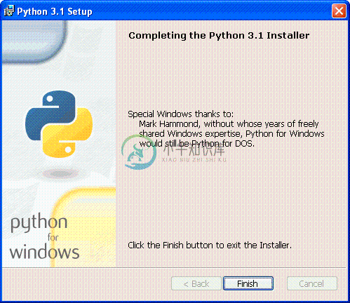 [Python 安装程序：安装完成特别视窗归功于 Mark Hammond，没有这些经年累月免费共享的 Windows 专业知识，Python for Windows 可能还只是 Python for DOS 。]