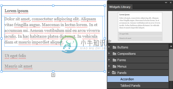 在 Adobe Muse 页面上拖放“折叠式”构件。