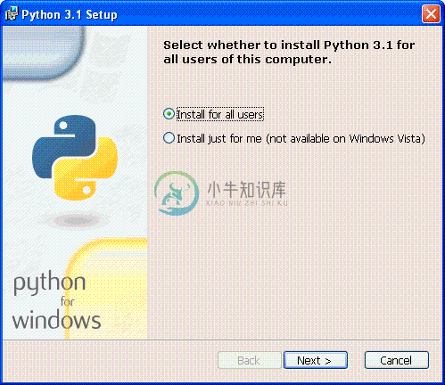 [Python 安装程序：选择是否为本计算机的所有用户安装 Python 3.1。]