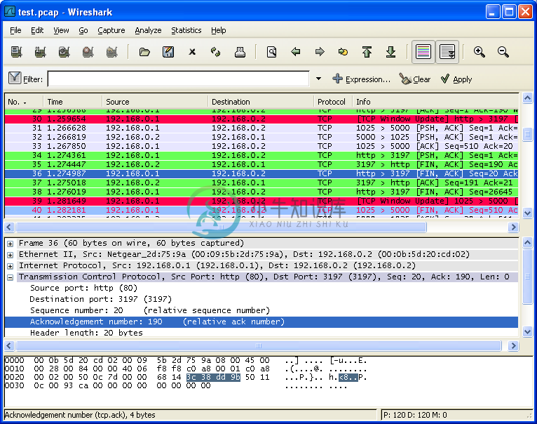 Wireshark选择了一个TCP包后的界面