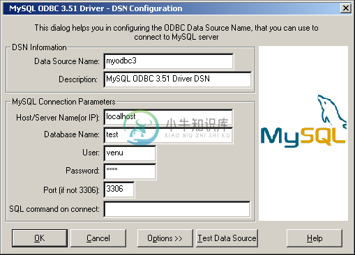 Filled-In MySQL ODBC DSN Configuration Dialog