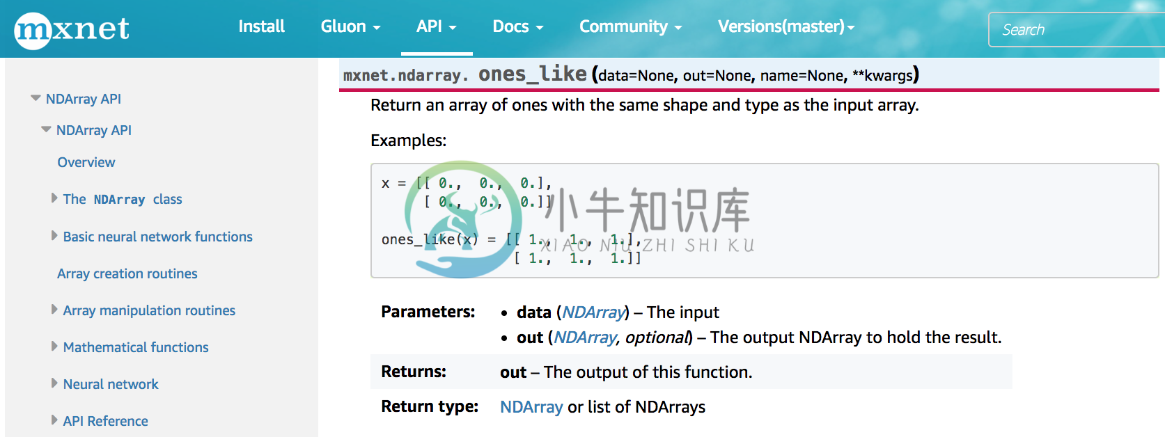 MXNet网站上有关`ones_like`函数的文档