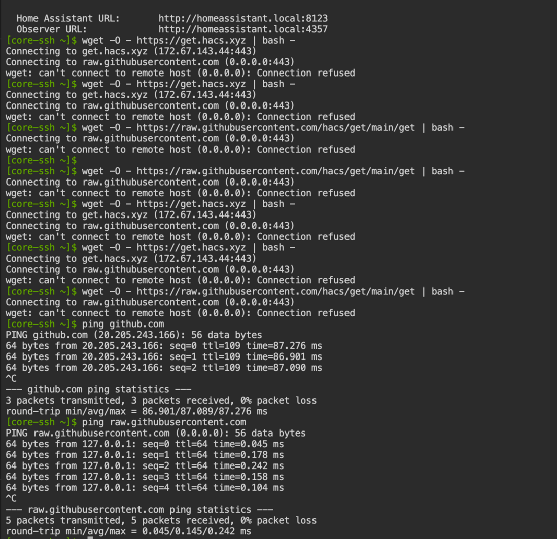 VirtualBox 安装的 Home Assistan 中使用 Terminal 安装 HACS 时报错 connection refused