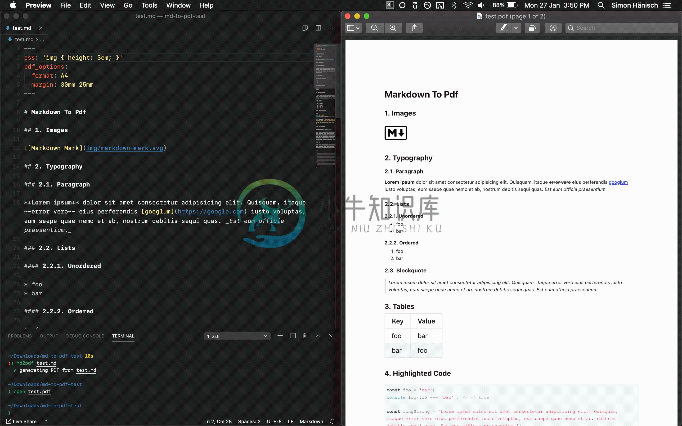 Screenshot of markdown file and resulting PDF