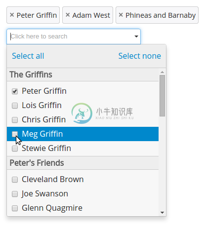 Example of a searchable option list with groups