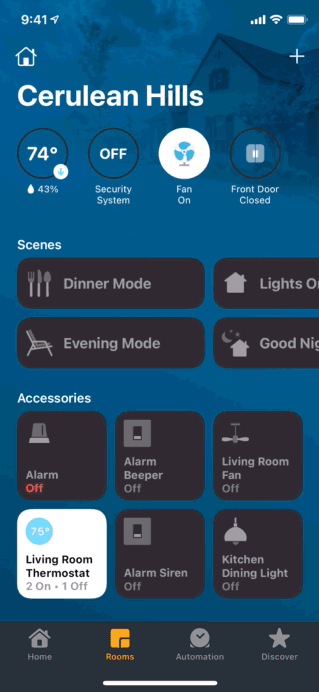 Screen capture of Konnected accessories in HomeKit via the Konnected Homebridge plugin.