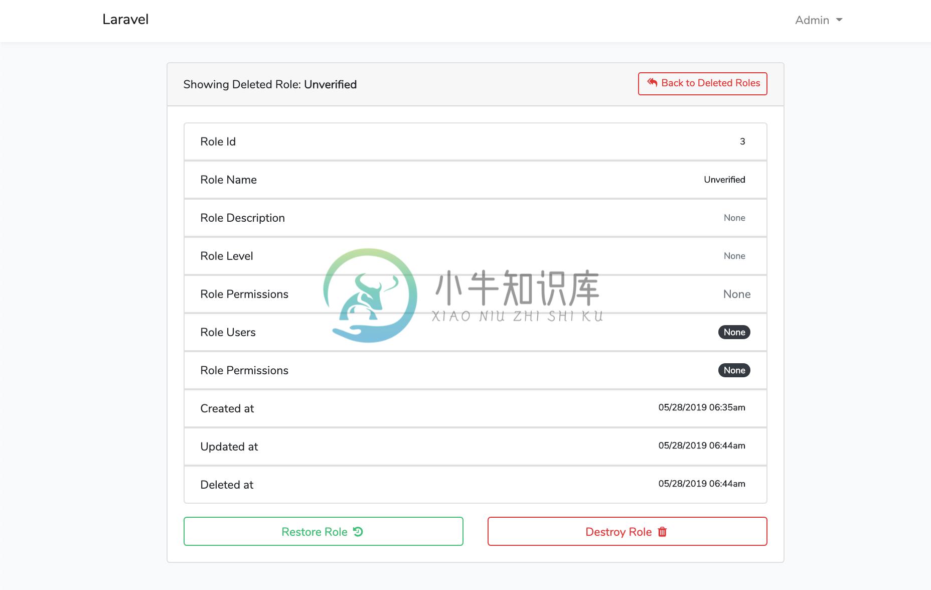 Laravel Roles GUI Deleted Role Show
