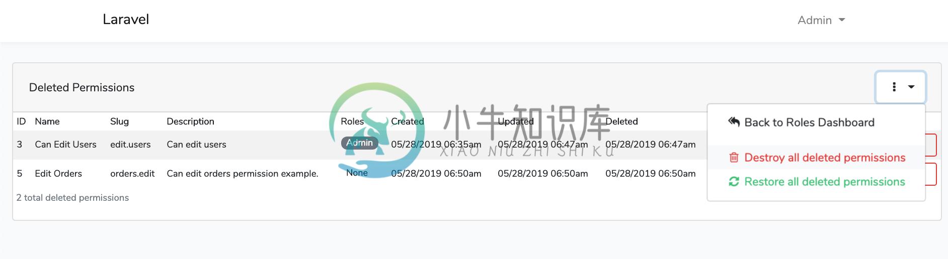 Laravel Roles GUI Permissions Soft Deletes Dashboard
