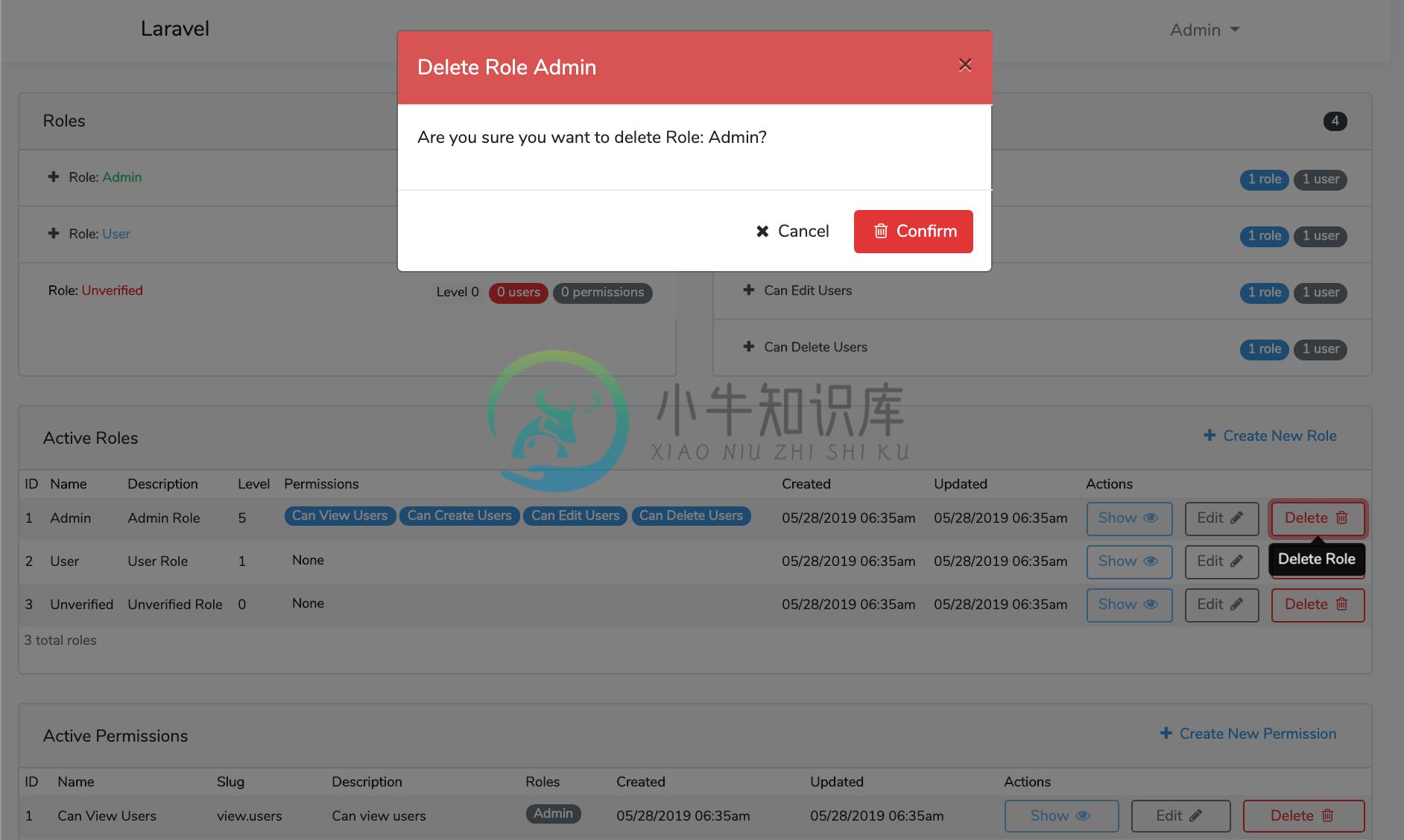 Laravel Roles GUI Delete Role