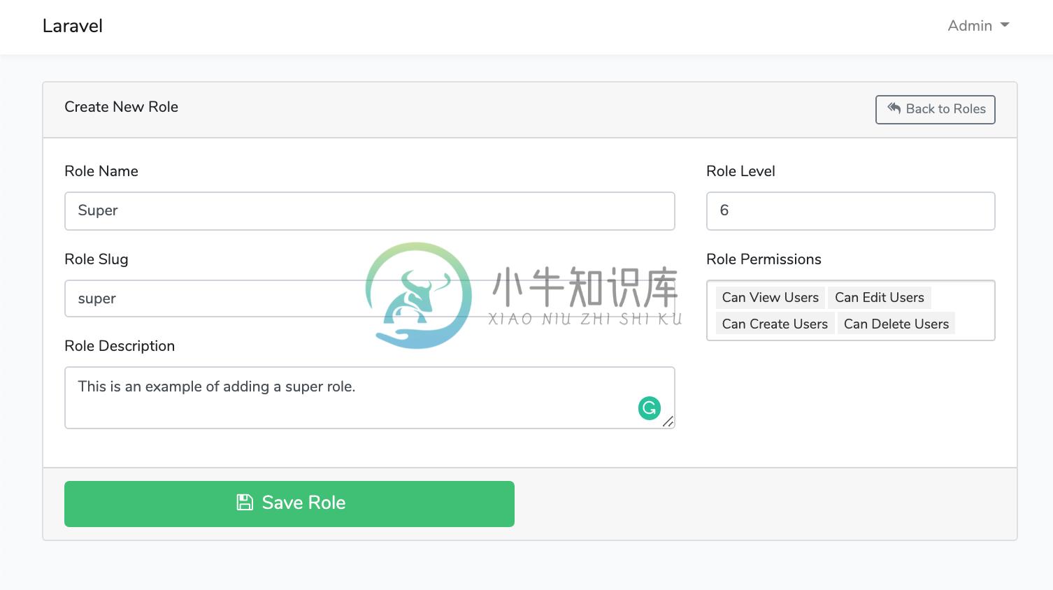 Laravel Roles GUI Create New Role