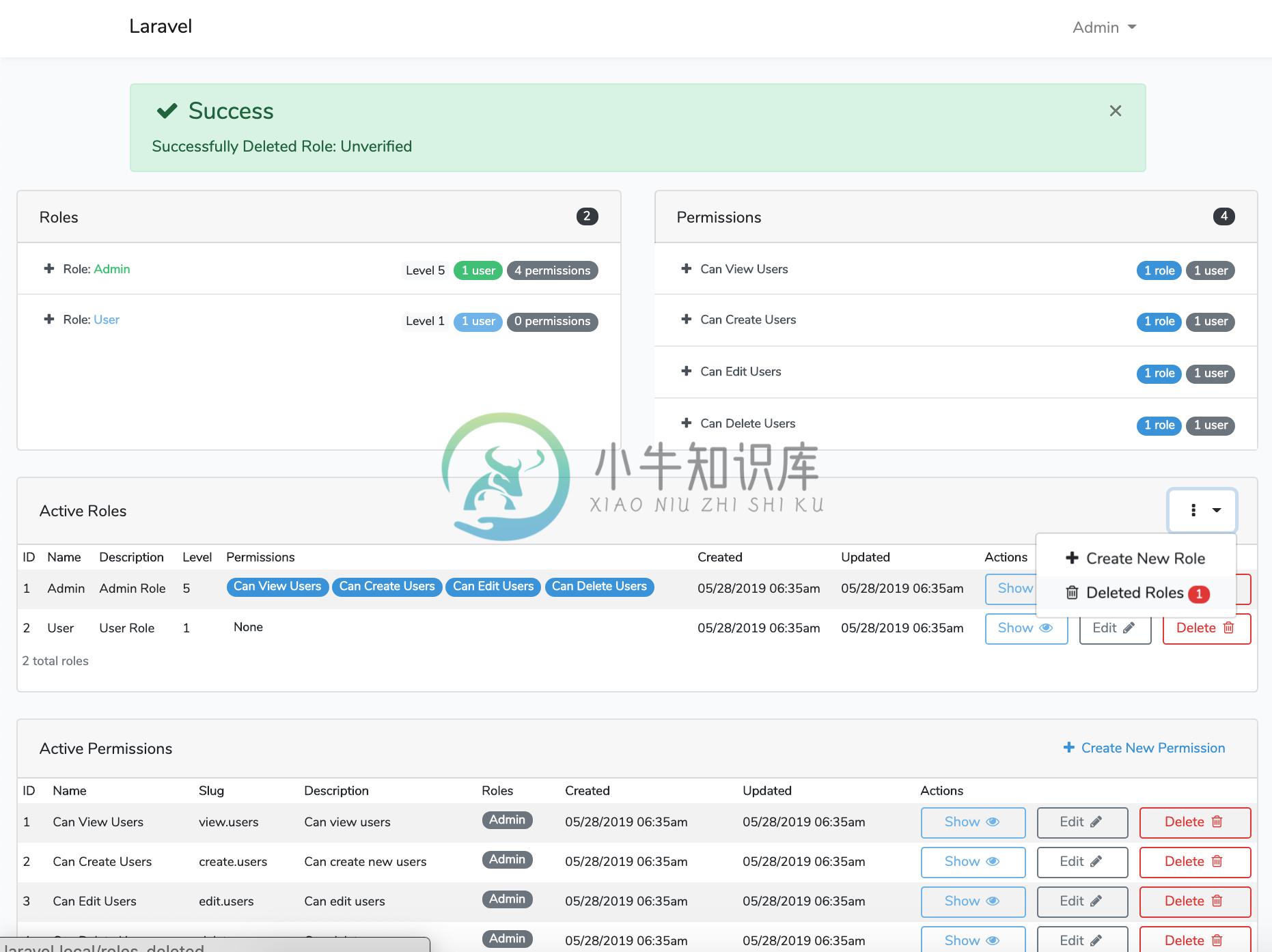 Laravel Roles GUI Success Deleted