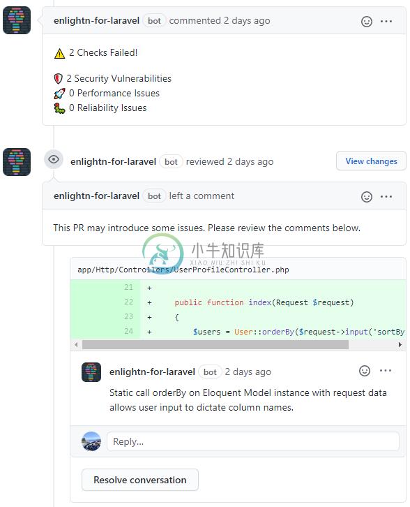 Enlightn GitHub Bot Review Comments